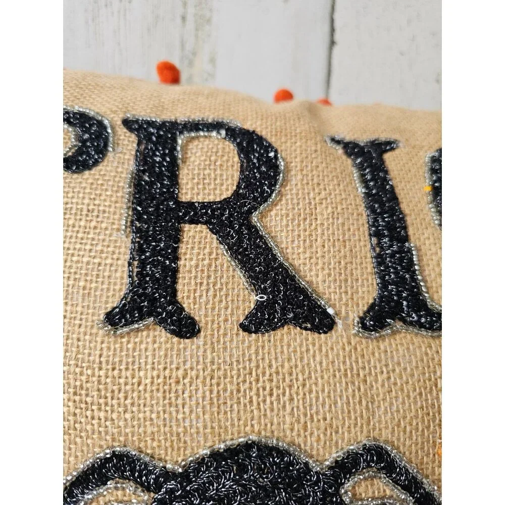 Trick or treat‎ Halloween beaded pillow burlap orange unique shabby chic spider